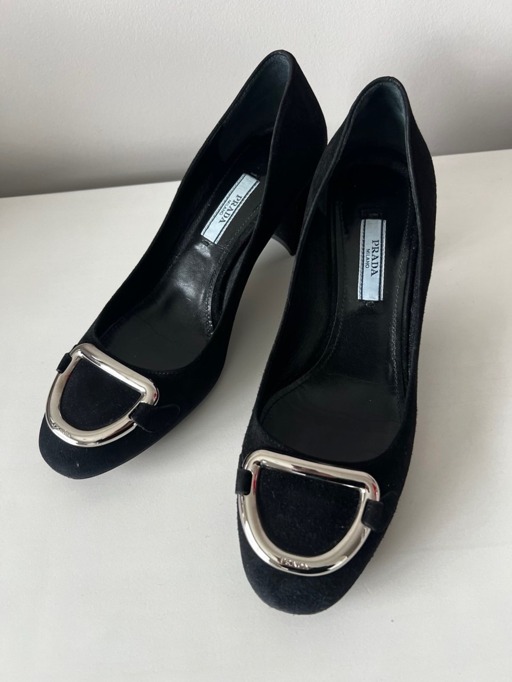 Prada Black Suede Pumps with Silver Buckle